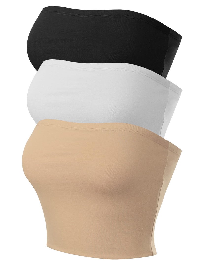 MixMatchy Women's Strapless Tube Tops Basic Bandeau Crop Sleeveless Backless Casual Sexy Going Out Summer 2025 3PACK - Black/Wite/Khaki M - Image 1